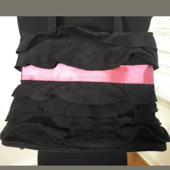 Jazza Black Faux Suede Ruffled Tote Shoulder Bag - Picture 3 of 8